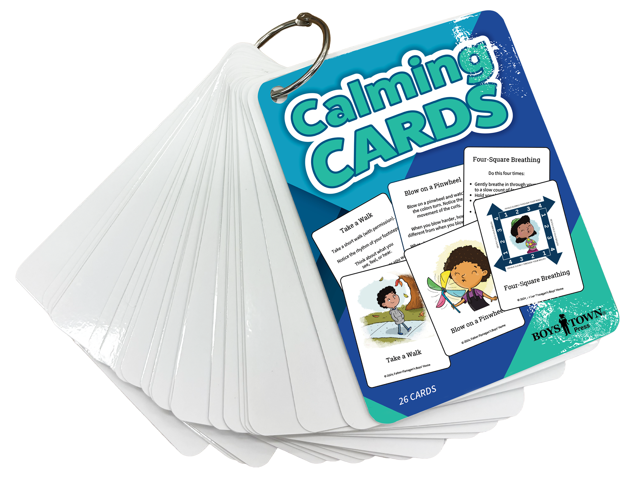 Calming Cards A deck of cards attached at the corner with a metal ring. Front card has the words Calming Cards in bold lettering