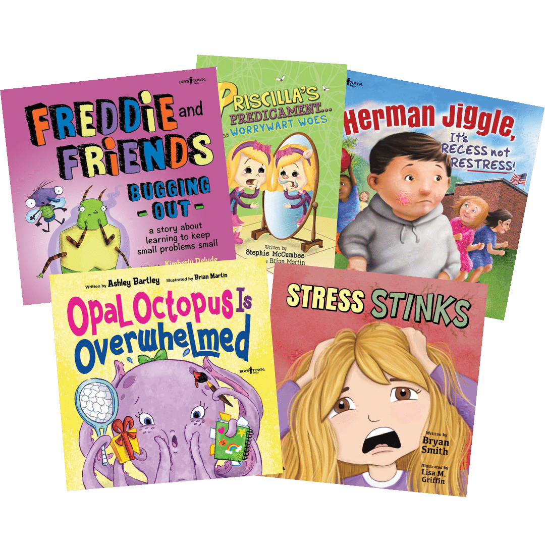 Covers of Freddie and Friends: Bugging Out; Priscilla's Predicament... the Worrywart Woes; Herman Jiggle, It's Recess, Not Restress!; Opal Octopus Is Overwhelmed; Stress Stinks Five colorful children's book covers