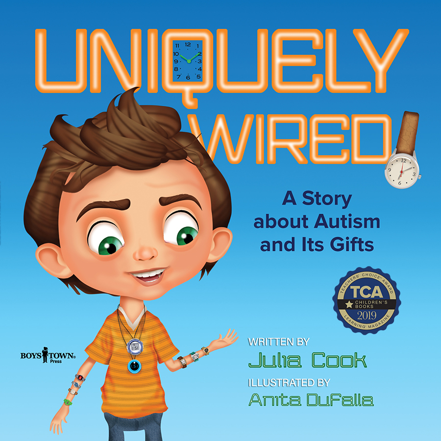 Blue book cover featuring uniquely wired in digital-looking font. Boy in striped shirt looks at several watches on his arm.