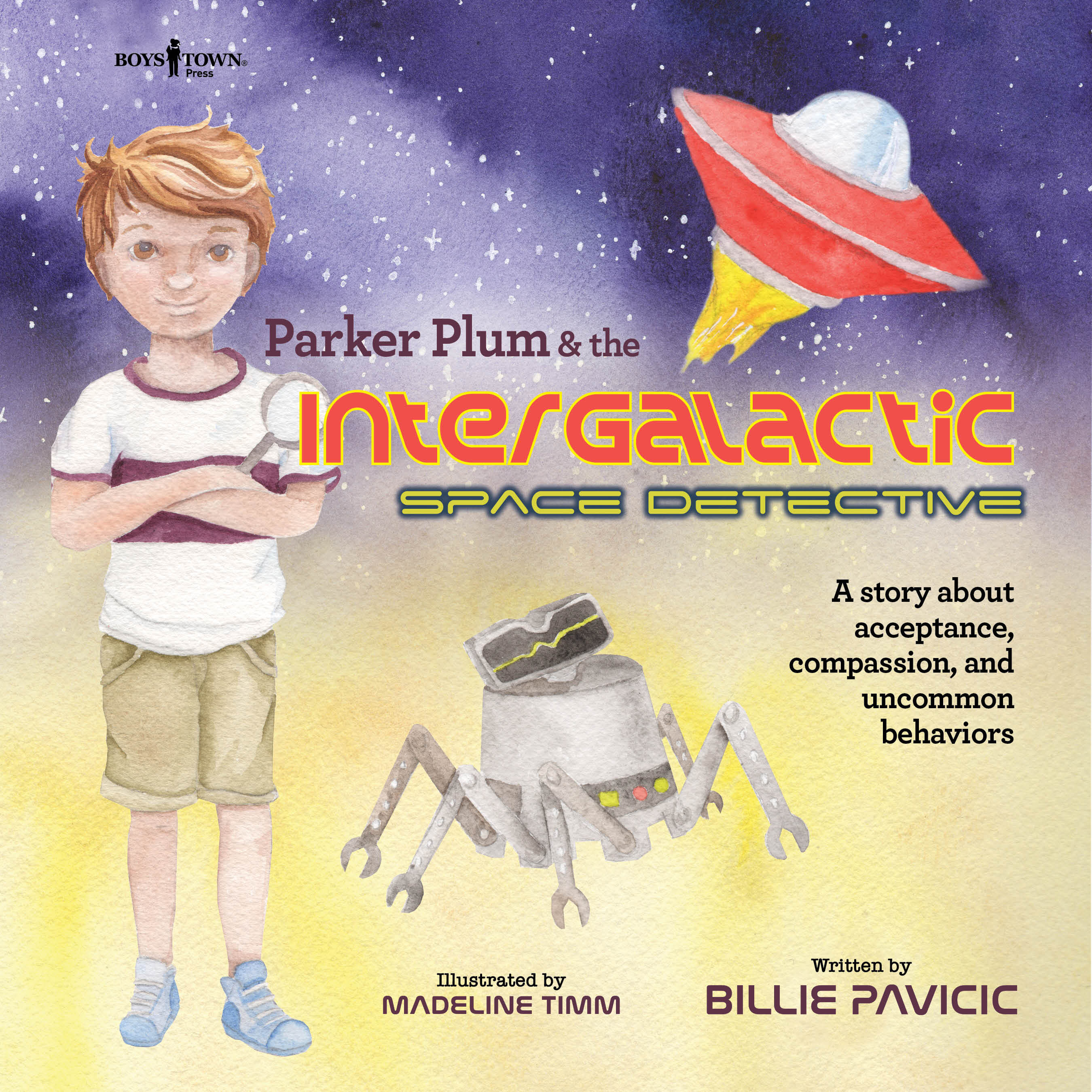 Star-filled space background with a young boy holding a magnifying glass, space robot, and space ship