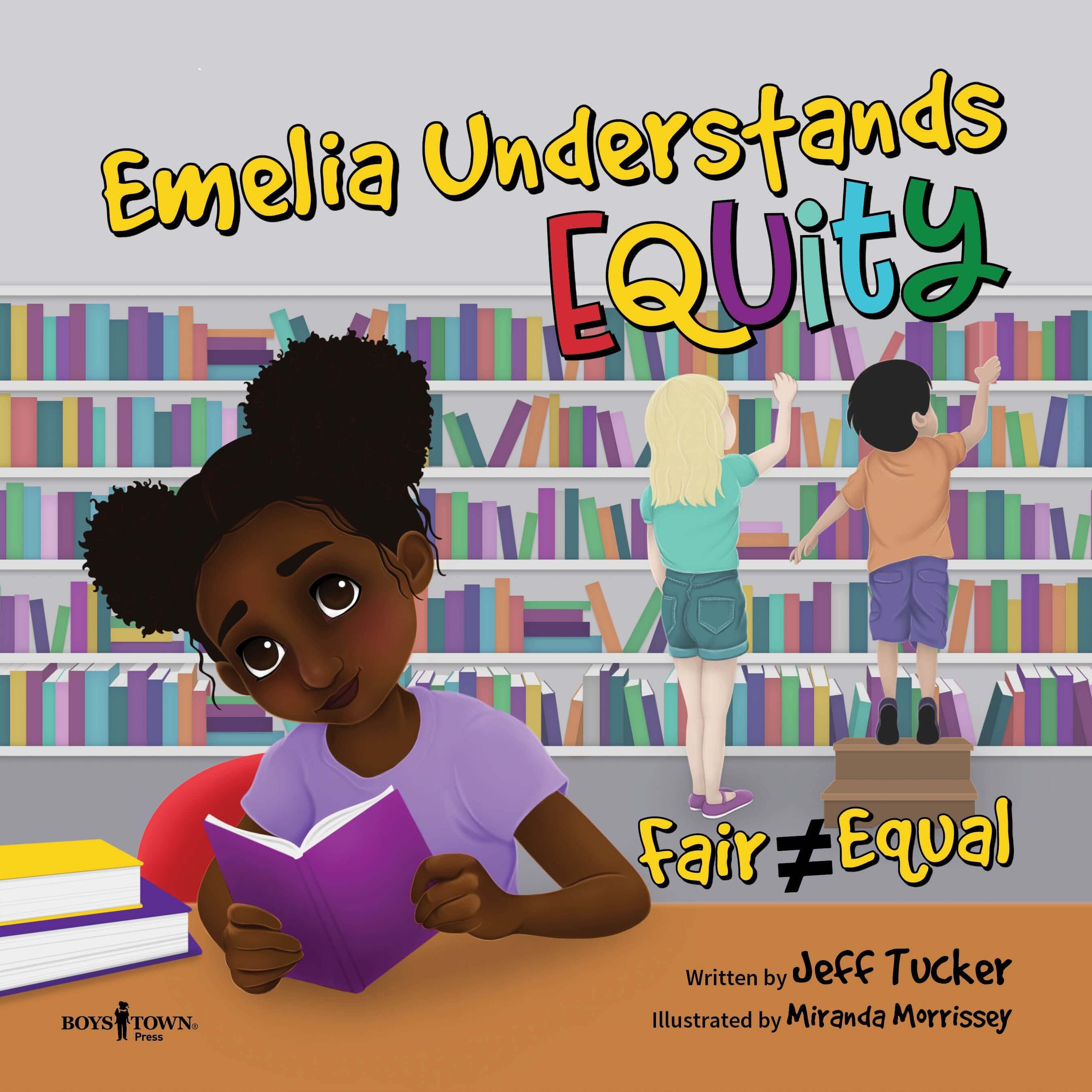 Girl reading at a table in a library where other students are reaching for books on shelves behind her