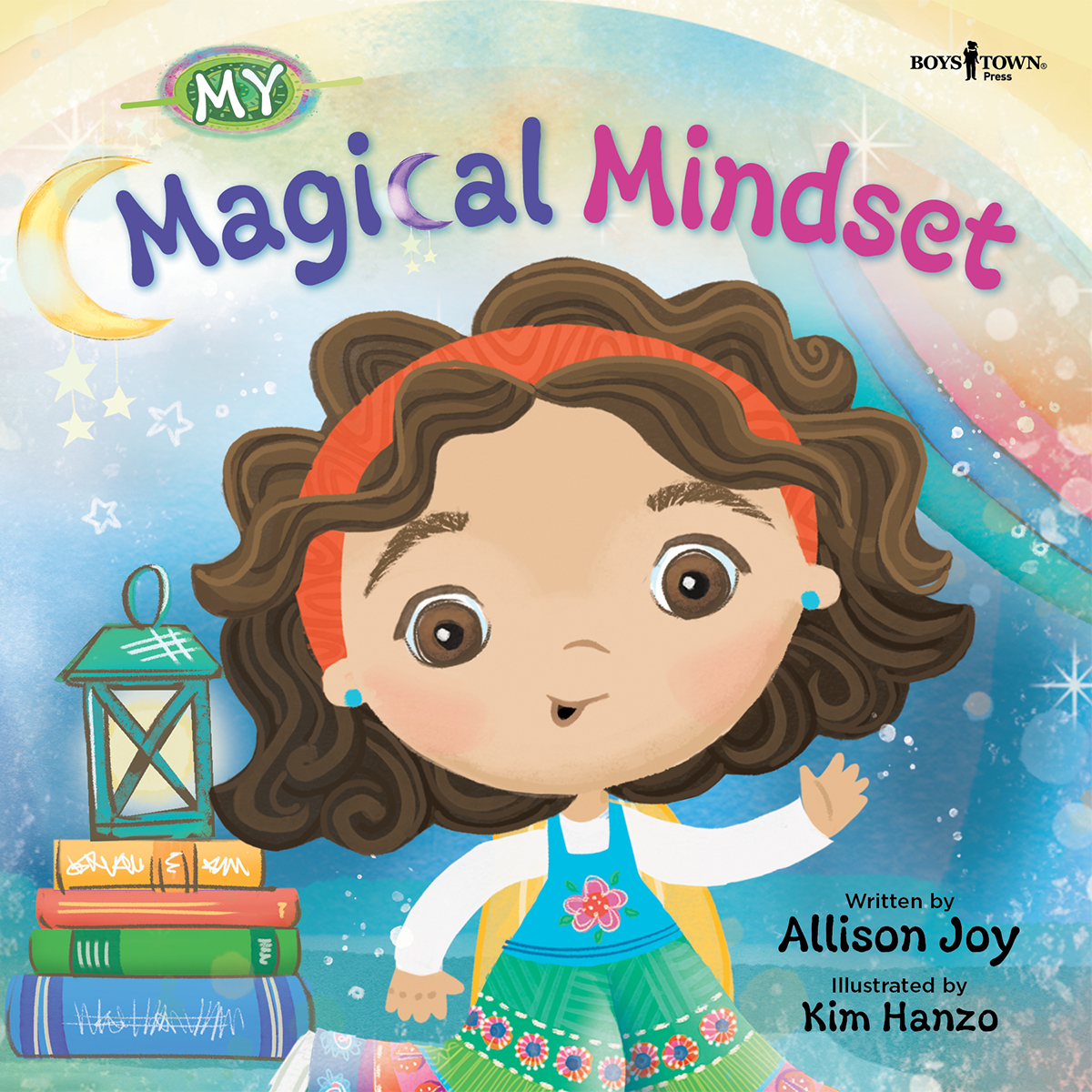 Curly haired girl standing next to stack of books in front of whimsical background