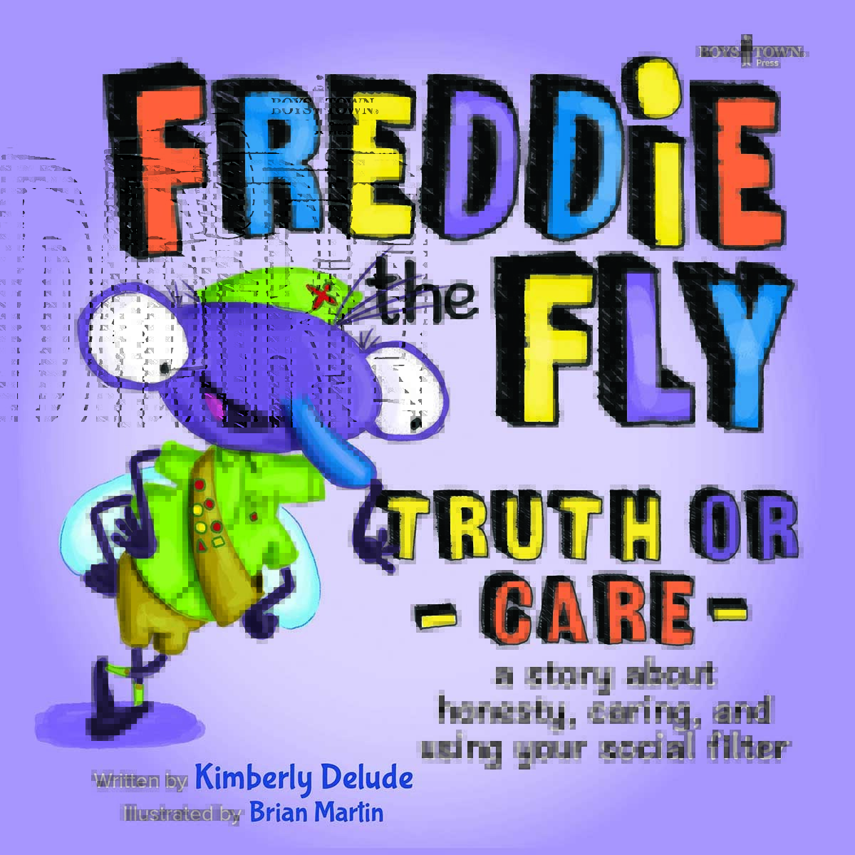 Purple background with cartoon fly in a scout uniform leaning on the letters of the title