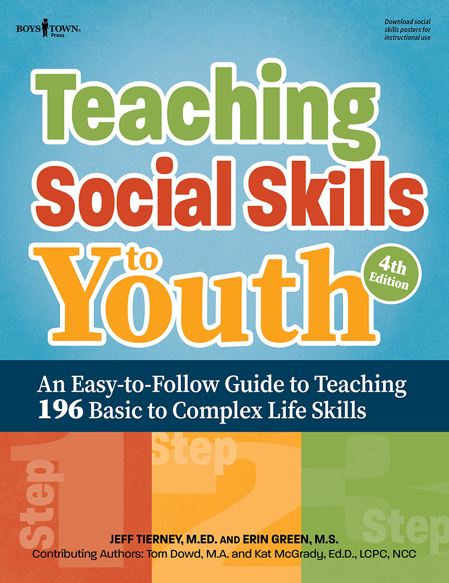 Blue, gold, red, and green colors in the background while bold letters read Teaching Social Skills to Youth, 4th Edition