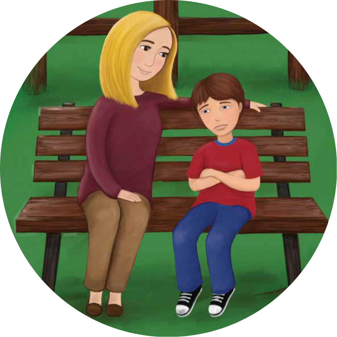 Blonde mother and her brown-haired son sitting on a bench outside talking. Son has arms crossed and is frowning.