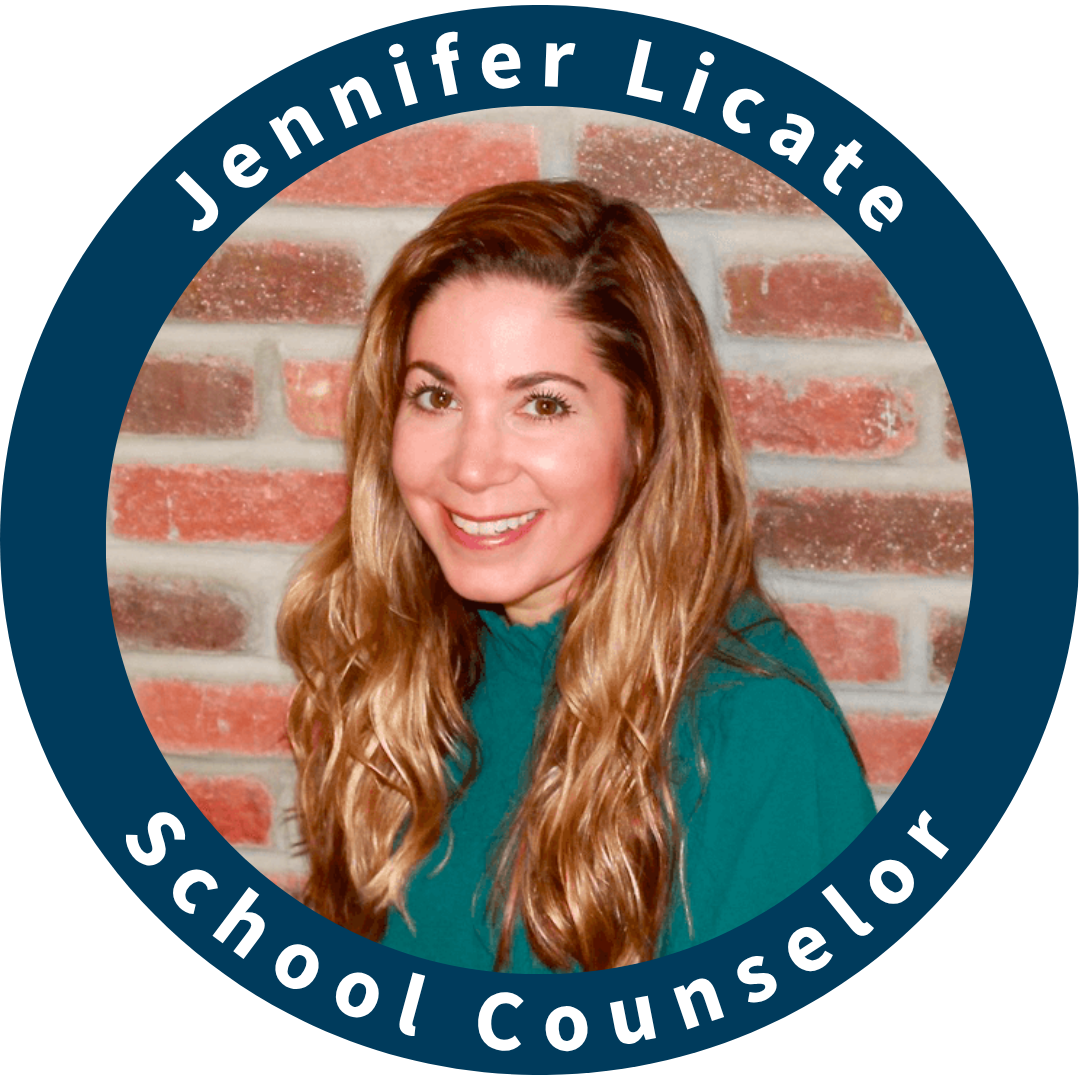 Headshot of woman in green shirt with long brown hair inside circular border with text "Jennifer Licate" around the top and "School Counselor" on the bottom