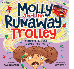 Curly haired girl appearing distressed while swirls and a small red trolley appear above her. Text reads Molly and the Runaway Trolley