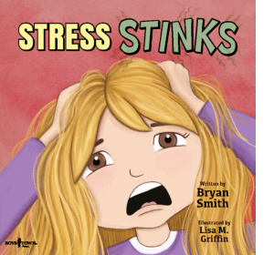 Blonde girl holding head in distress below words STRESS STINKS